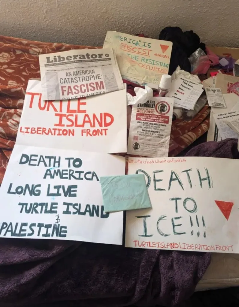 Alleged evidence presented by the US Justice Department, including posters, flyers, and a newspaper article, from the 