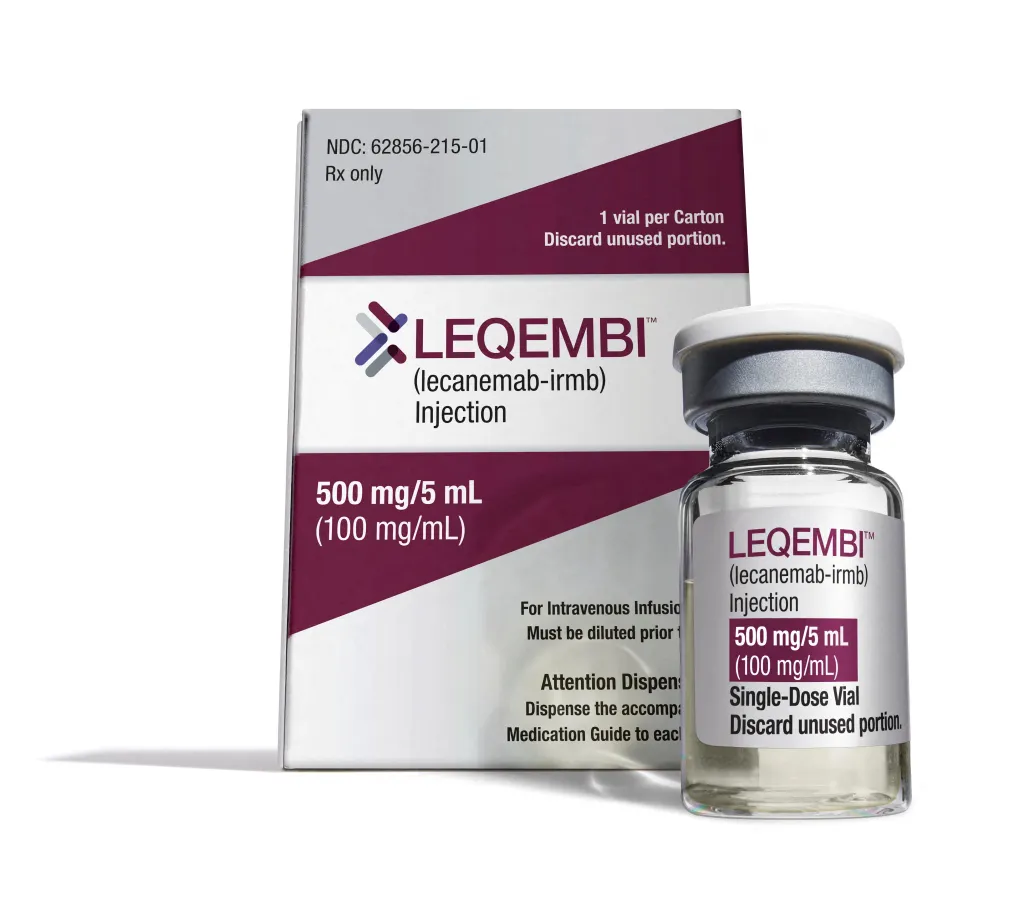 Alzheimer's drug LEQEMBI (lecanemab-irmb) in a single-dose vial and its packaging.