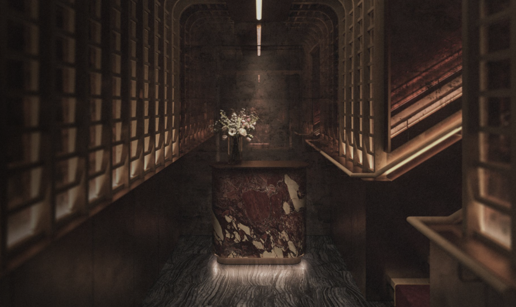 Interior illustration of a luxurious hall with a vase of flowers on a marble-topped table.