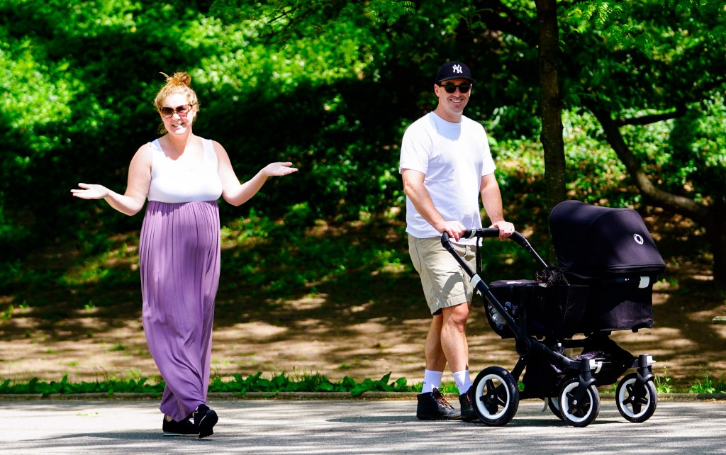 Amy Schumer and Chris Fischer walking with a stroller and their dog.