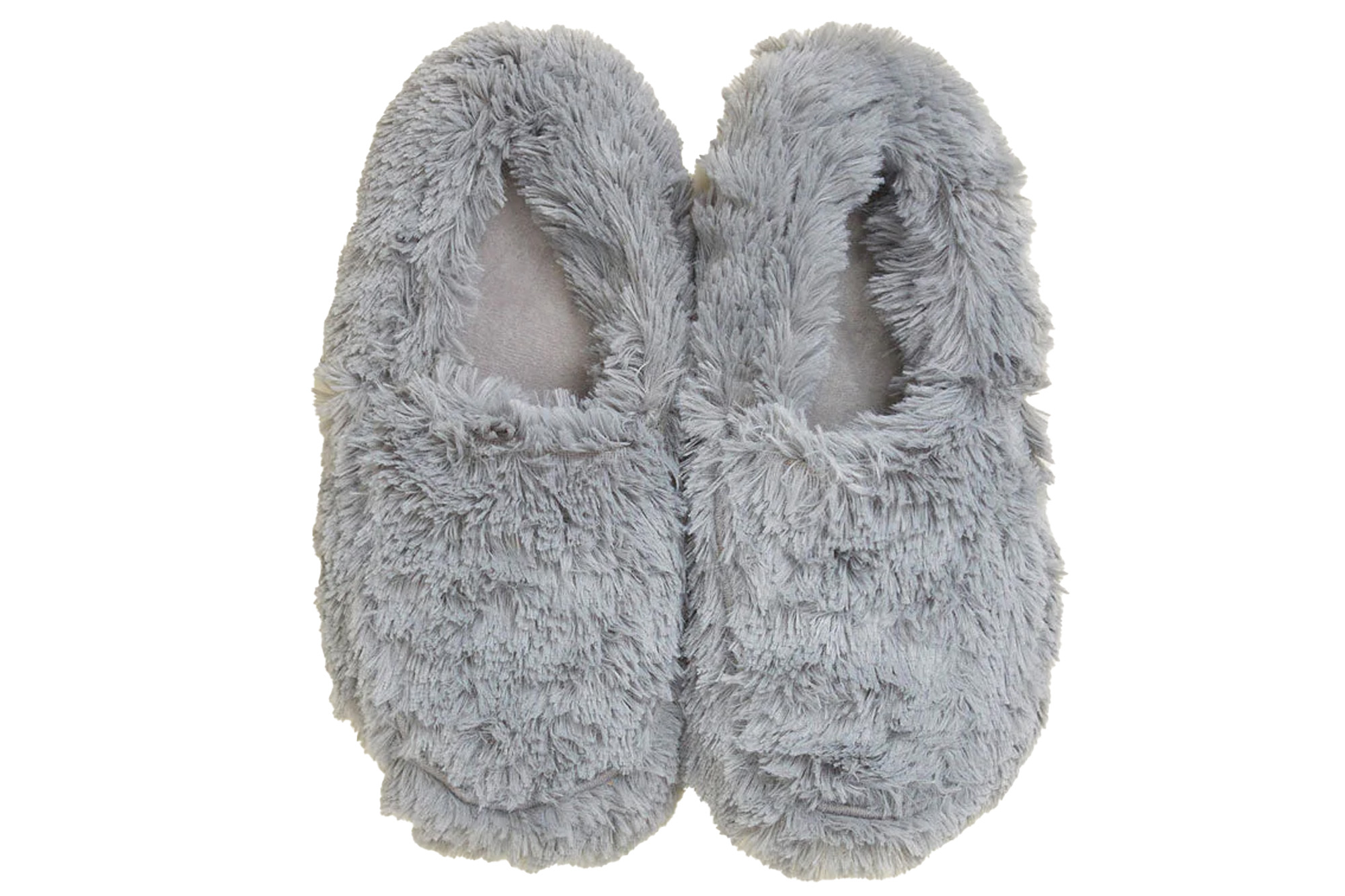 A pair of gray furry slippers.