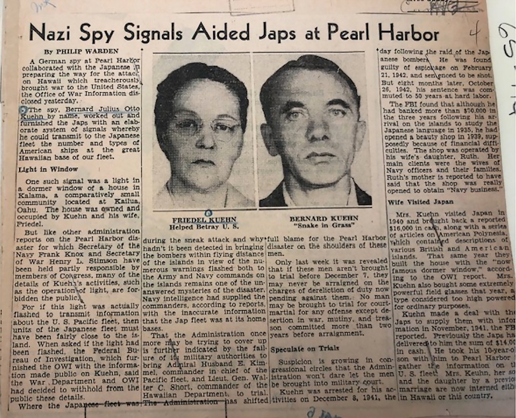 Archival newspaper clipping about German spies Bernard and Friedel Kuehn in Pearl Harbor.