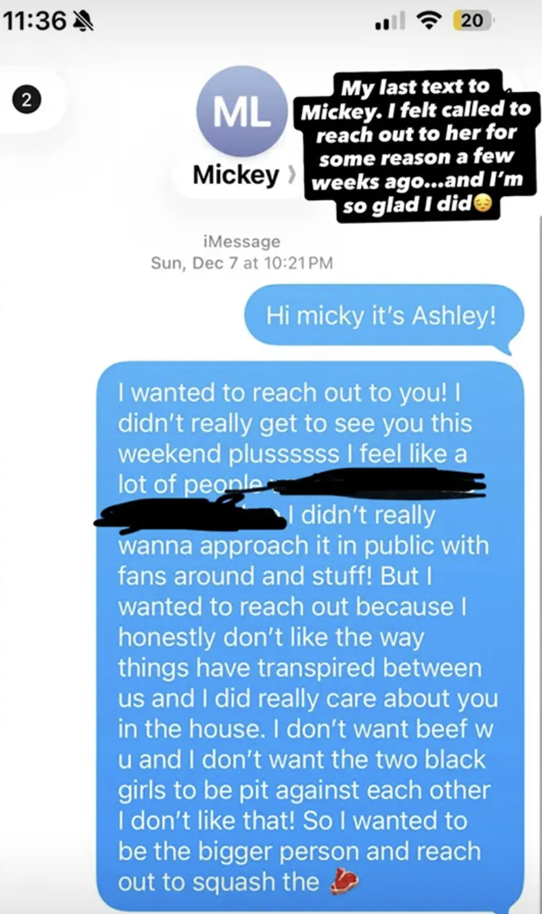 Screenshot of a text message from Ashley to Mickey, trying to reconcile their differences.