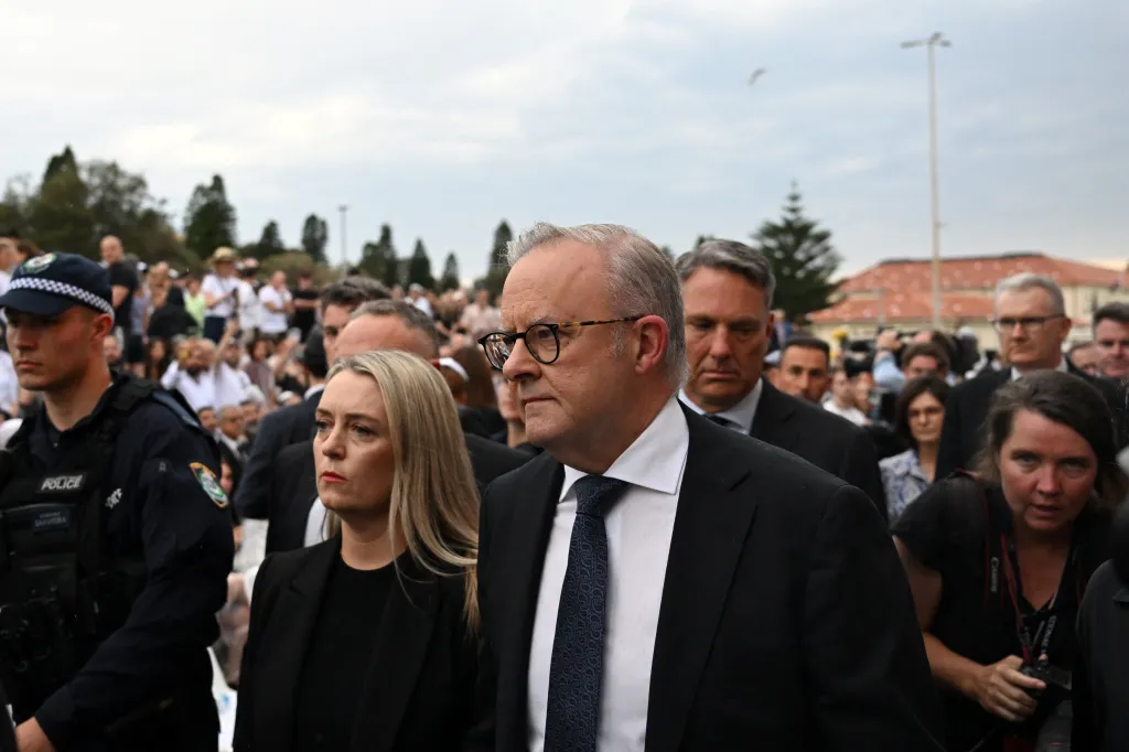 Australian Prime Minister Anthony Albanese arrives at a vigil for victims of the Bondi Massacre.
