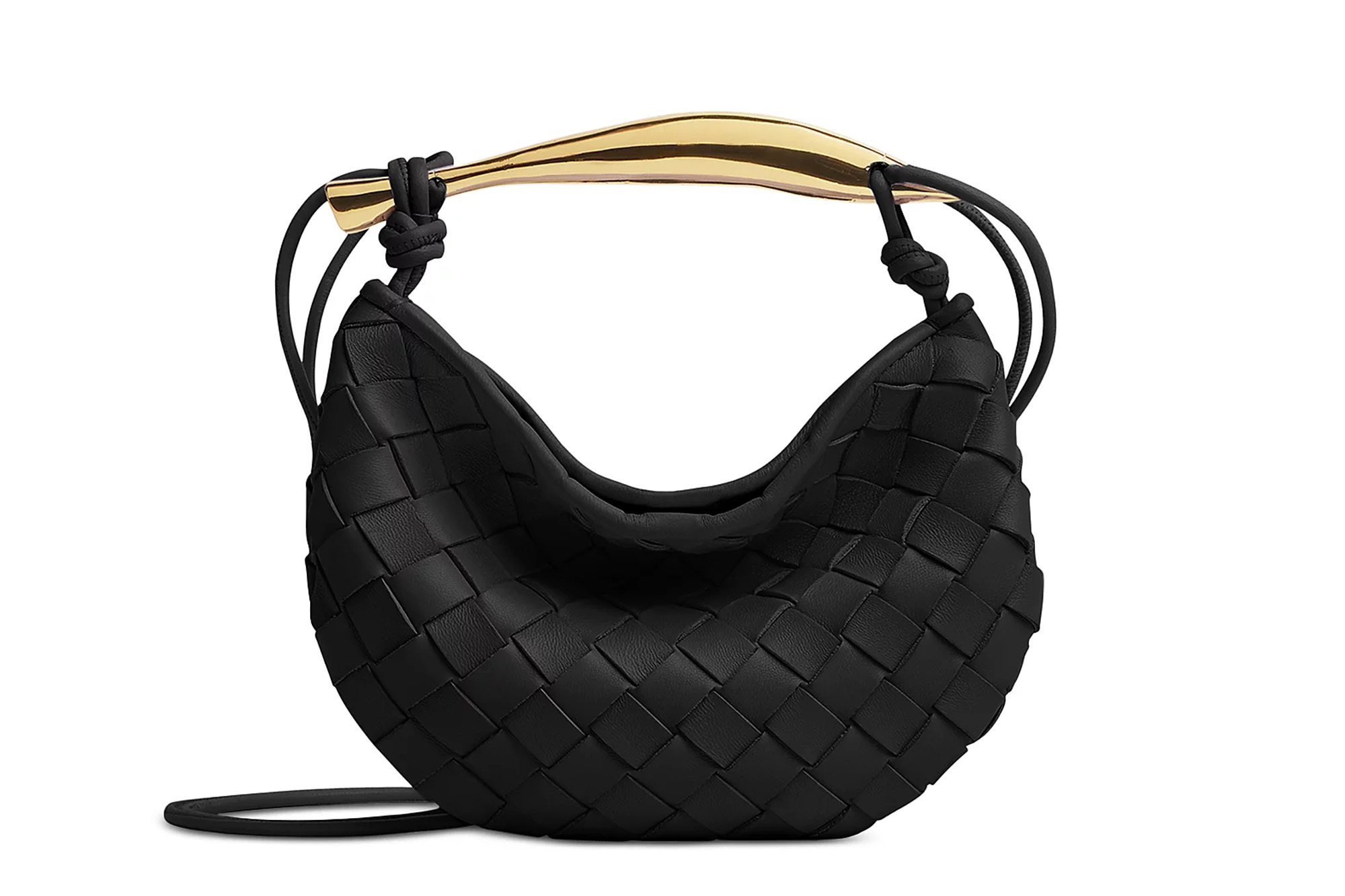 Black woven leather bag with a gold-tone handle and thin black straps.