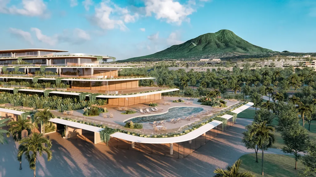 Illustration of a multi-story beachfront condo with a pool and lush landscaping.