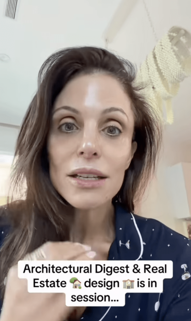 Bethenny Frankel in a dark blue pajama top speaking to the camera, with text overlay reading