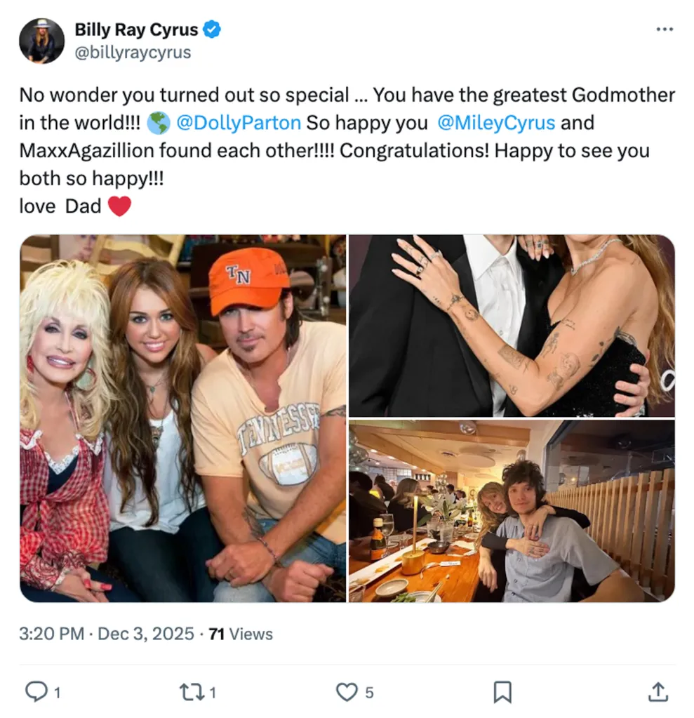 Billy Ray Cyrus congratulates Miley and Maxx on their engagement. 