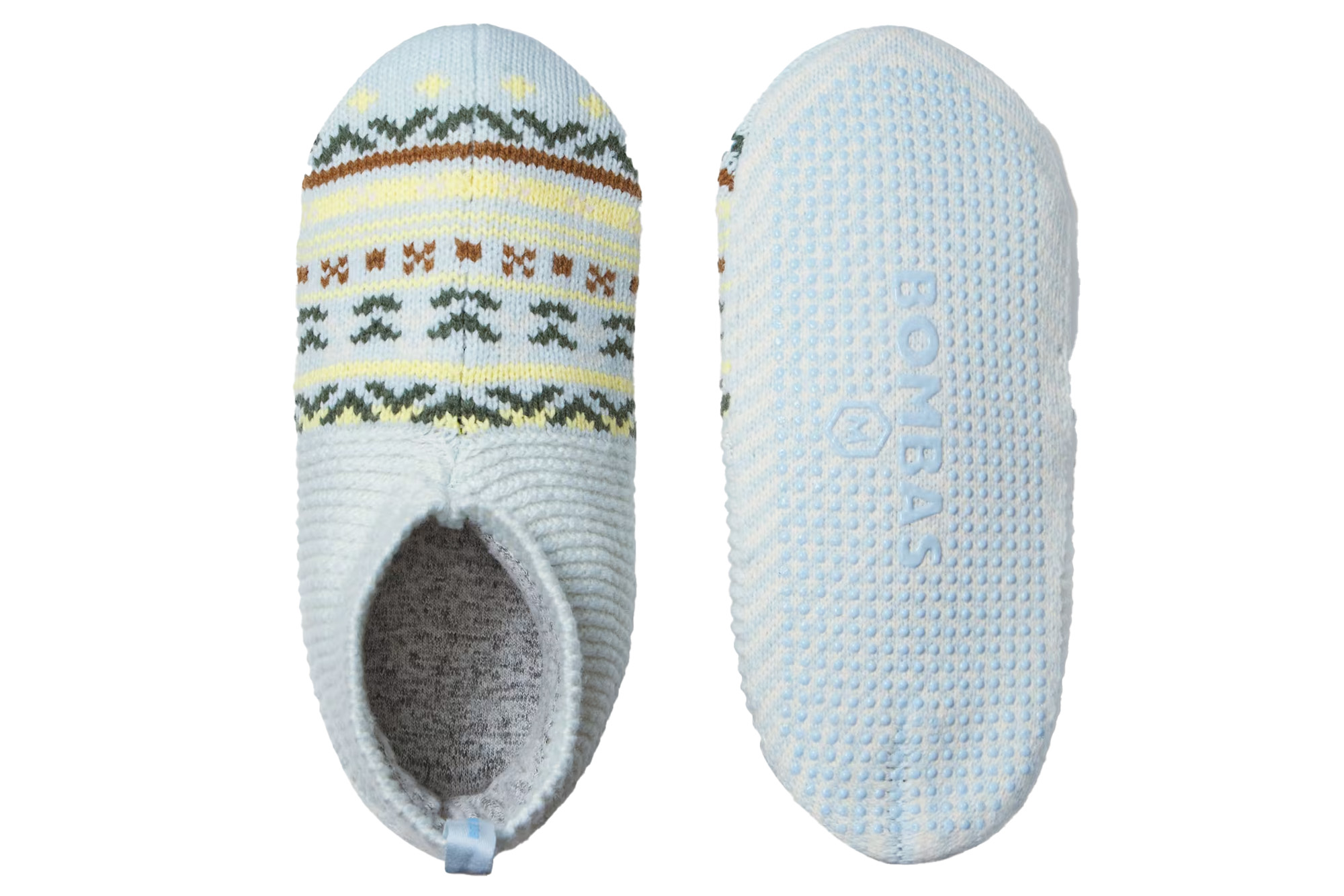 Two views of a light blue slipper sock with a fair isle pattern and
