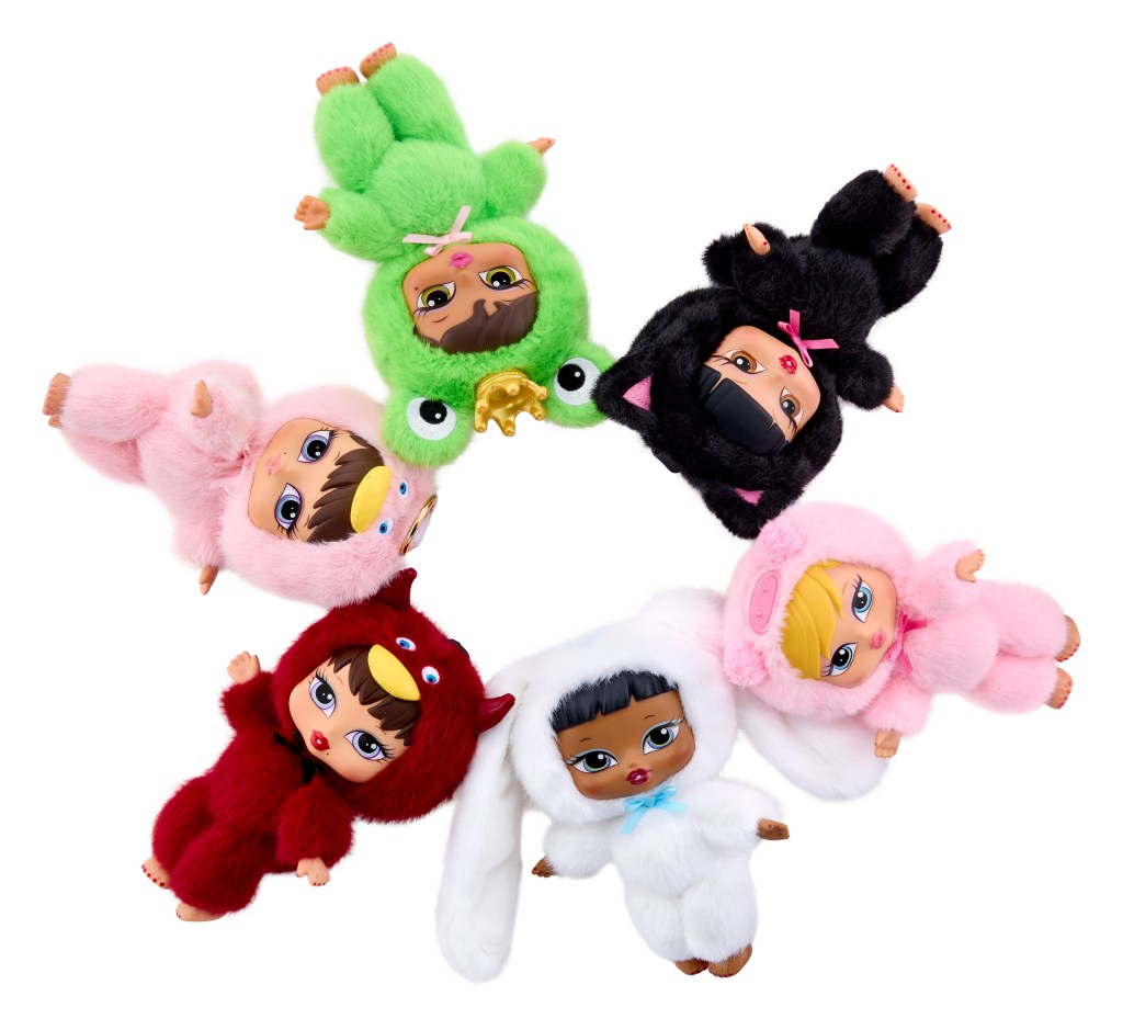 Six Bratzie dolls in colorful furry animal outfits.