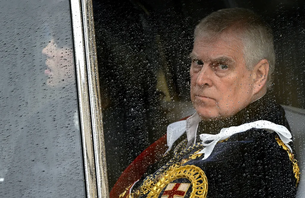 Britain's former prince Andrew leaves Westminster Abbey following the coronation ceremony of Britain's King Charles and Queen Camilla, in London, Britain May 6, 2023.