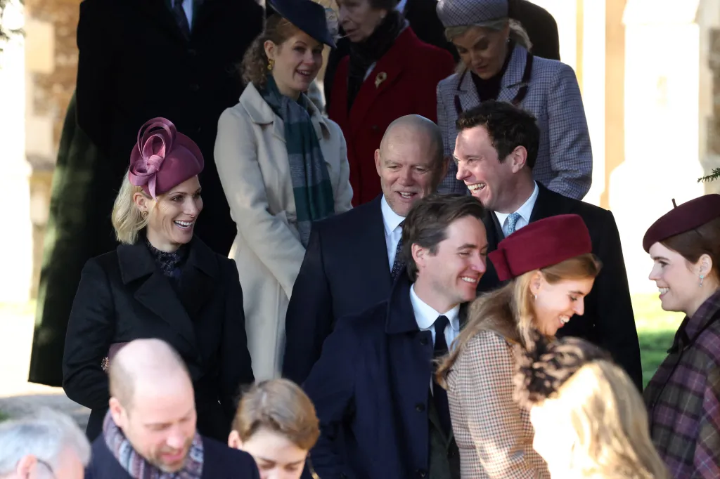 Zara Tindall, Mike Tindall, Edoardo Mapelli Mozzi, Jack Brooksbank, Princess Beatrice, and Princess Eugenie leaving Christmas Day service at St. Mary Magdalene's church.