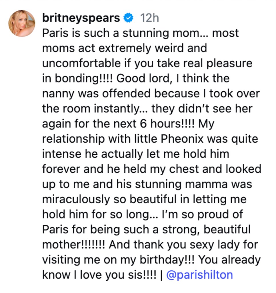Britney Spears' Instagram post praising Paris Hilton as a stunning and beautiful mother.