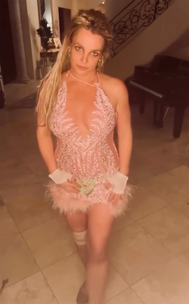 Britney Spears in a light pink feathered dress.
