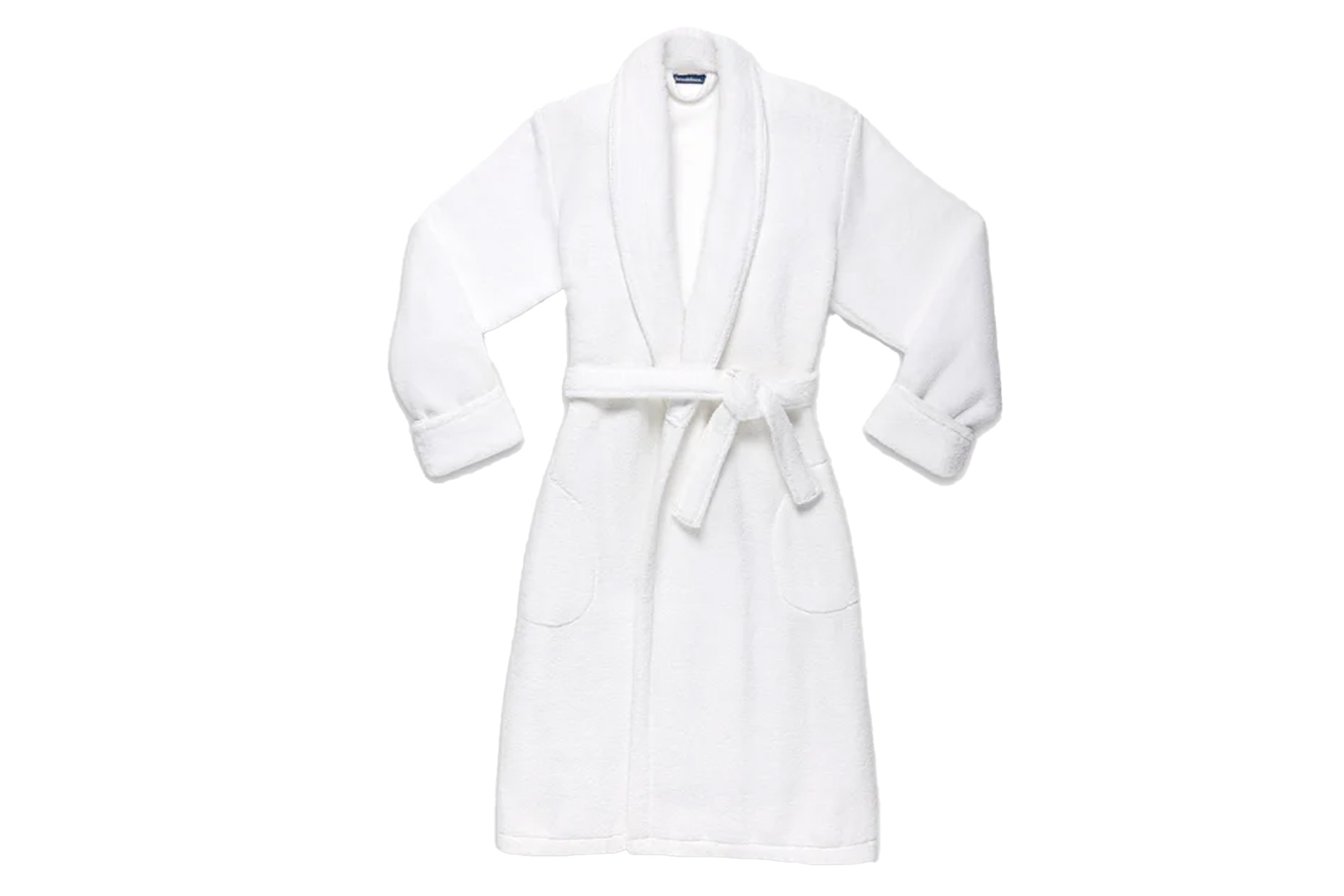White bathrobe with a tie waist.