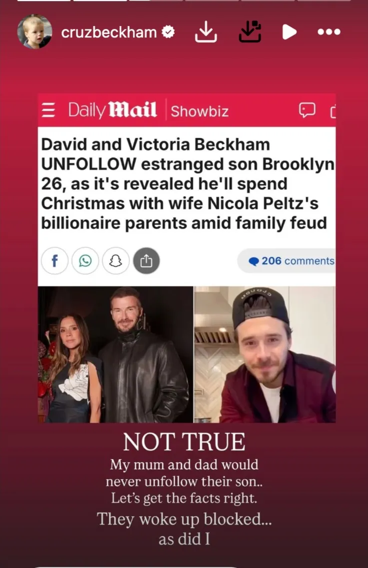 A screenshot of an Instagram Story by Cruz Beckham featuring a Daily Mail article about the Beckham family feud and his refutation.