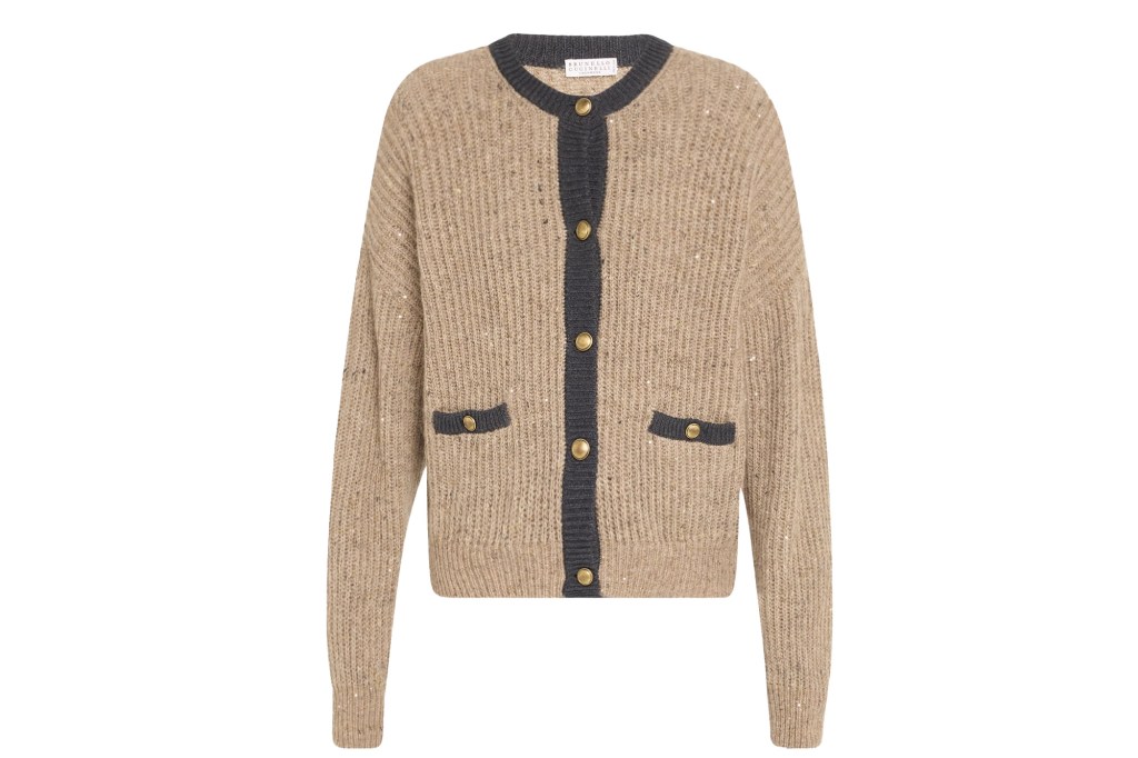 Brunello Cucinelli women's sequin-embroidered cashmere cardigan in beige and black.