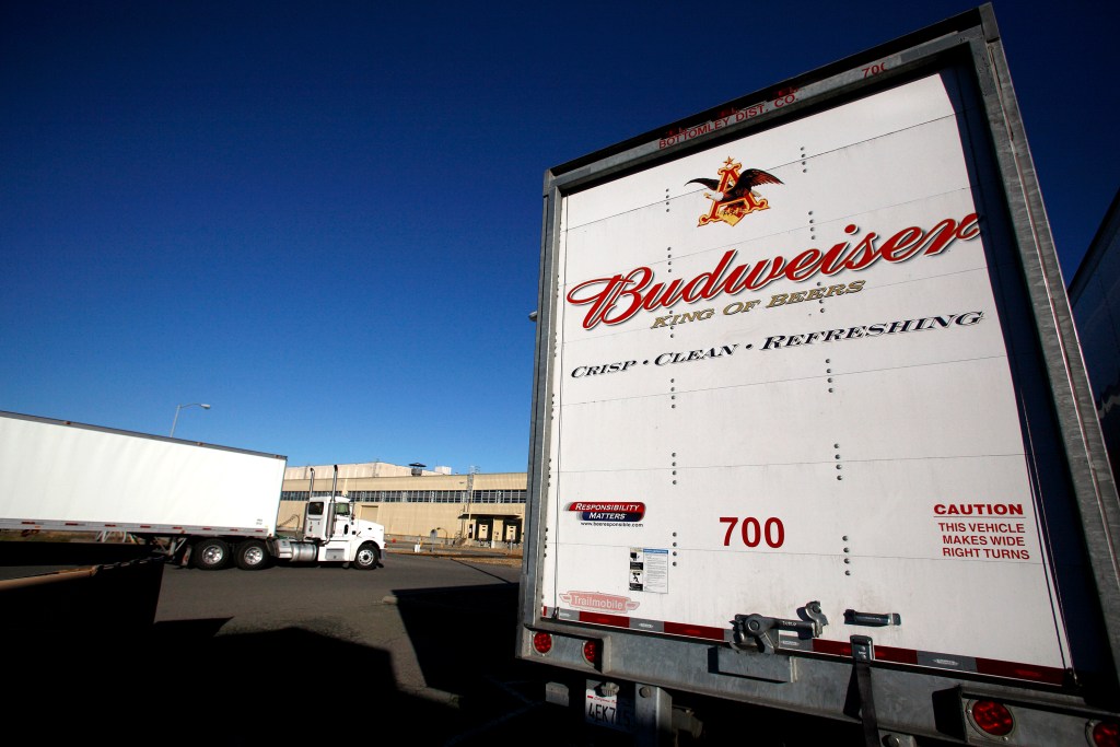 A Budweiser tractor trailer truck waits at the Anheuser-Busch InBev NV Fairfield brewery in Fairfield, California.