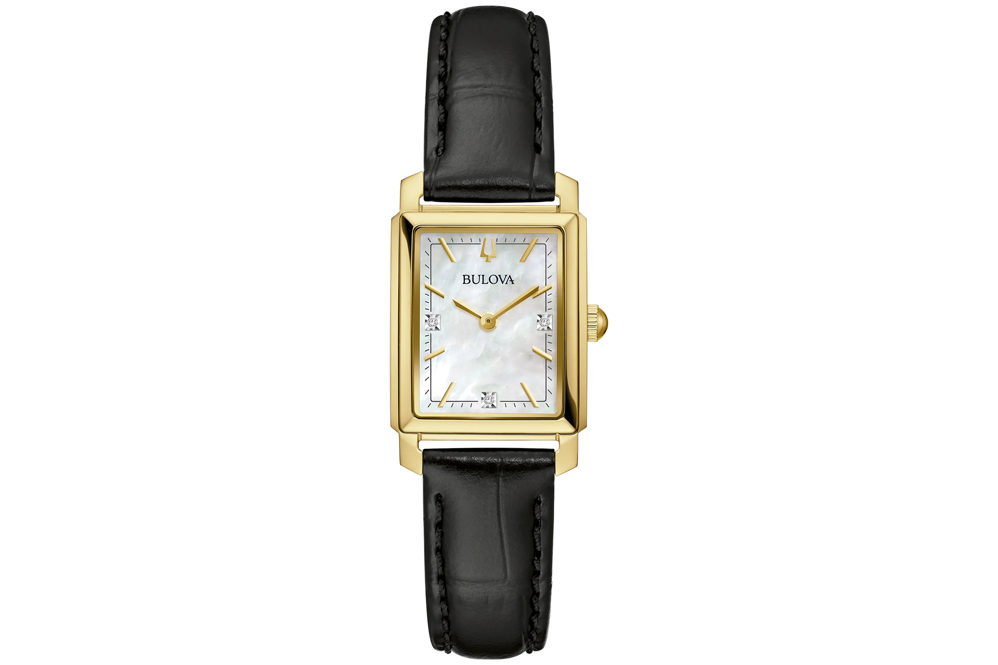 Bulova gold rectangular watch with a mother-of-pearl dial, diamond accents, and a black leather strap.