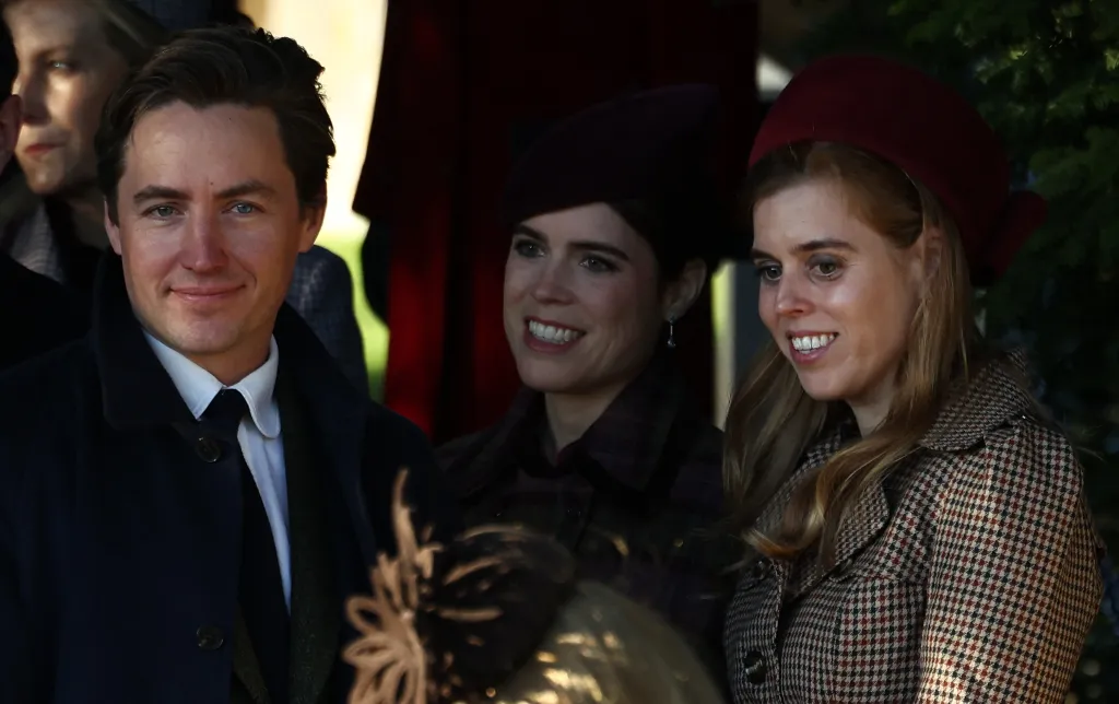Edoardo Mapelli Mozzi, Princess Eugenie, and Princess Beatrice leaving the Royal Family's traditional Christmas Day service.