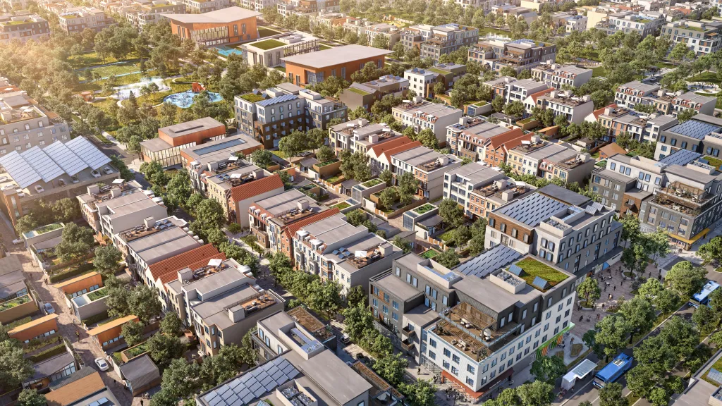 Illustration of an aerial view of a mixed-use neighborhood with parks, residential buildings, and solar panels.