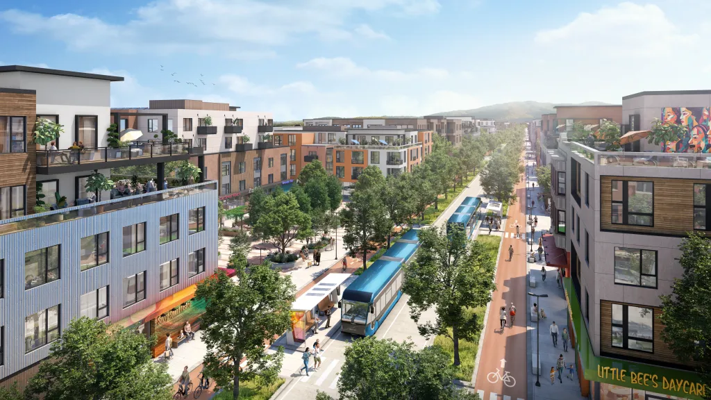 Illustration of a street with bus rapid transit, bike lanes, and apartments.