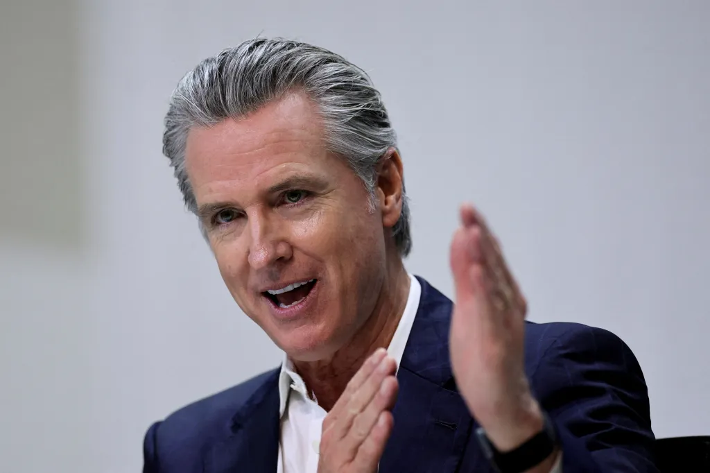 California Governor Gavin Newsom speaking and gesturing at a press conference.