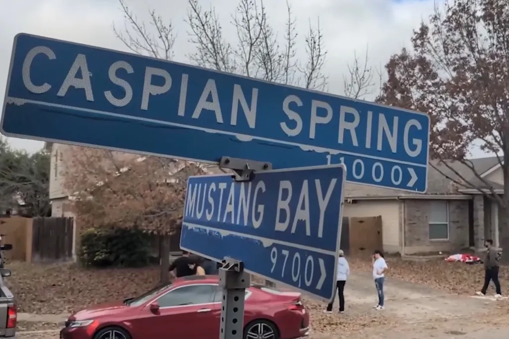 Street signs for Caspian Spring and Mustang Bay where Camila Olmos was last seen.