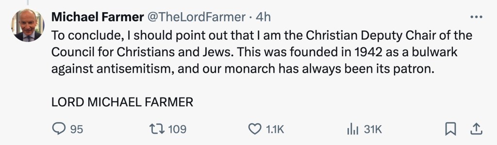 Screenshot of a tweet by Michael Farmer stating his role as Christian Deputy Chair of the Council for Christians and Jews.