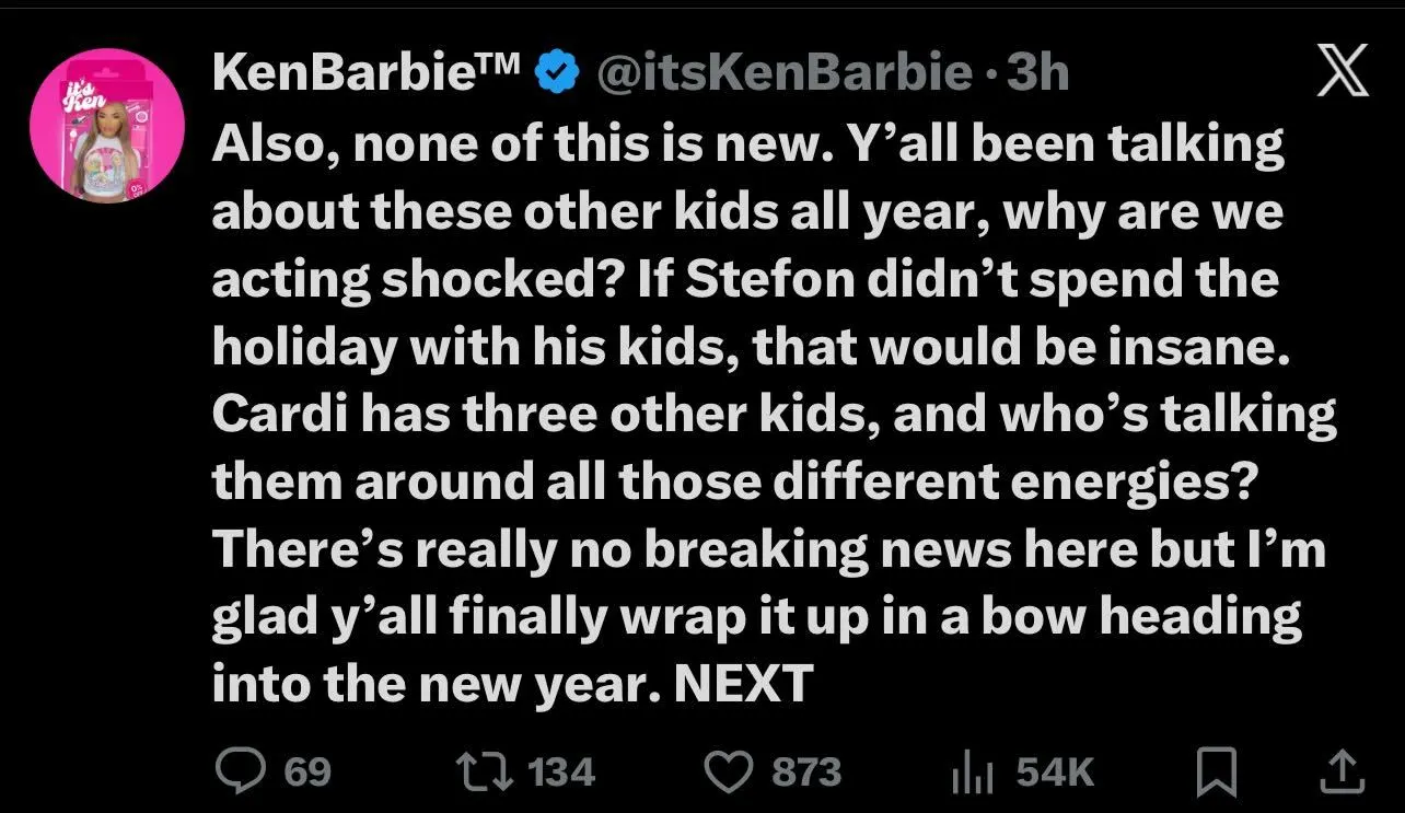 A tweet from KenBarbie's account discusses Stefon Diggs' children and Cardi B's other kids.