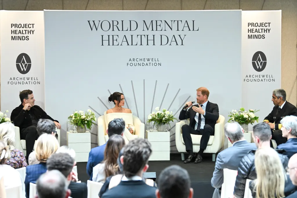 Carson Daly, Meghan, Duchess of Sussex, Prince Harry, Duke of Sussex and Dr. Vivek H. Murthy speak onstage at The Archewell Foundation Parents’ Summit for Mental Wellness in the Digital Age.