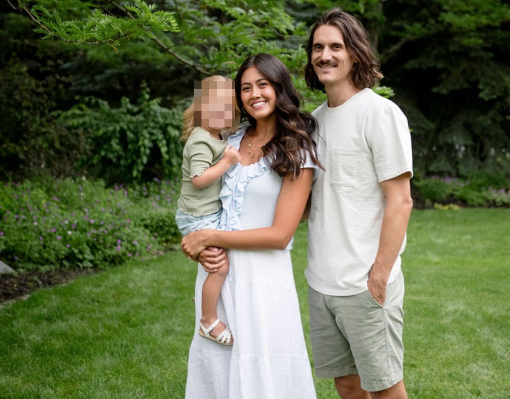 Vanessa Tingey with her husband and blurred child.