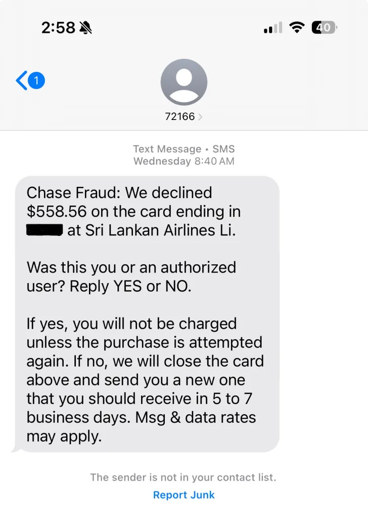 A fraudulent text message declining a $558.56 charge from Sri Lankan Airlines.