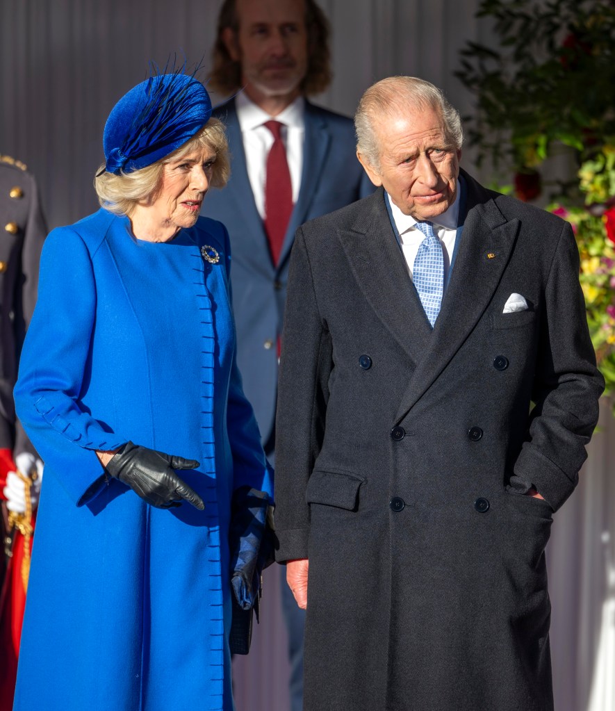 King Charles III and Queen Camilla attending a ceremonial welcome for the President of the Federal Republic of Germany in Windsor.