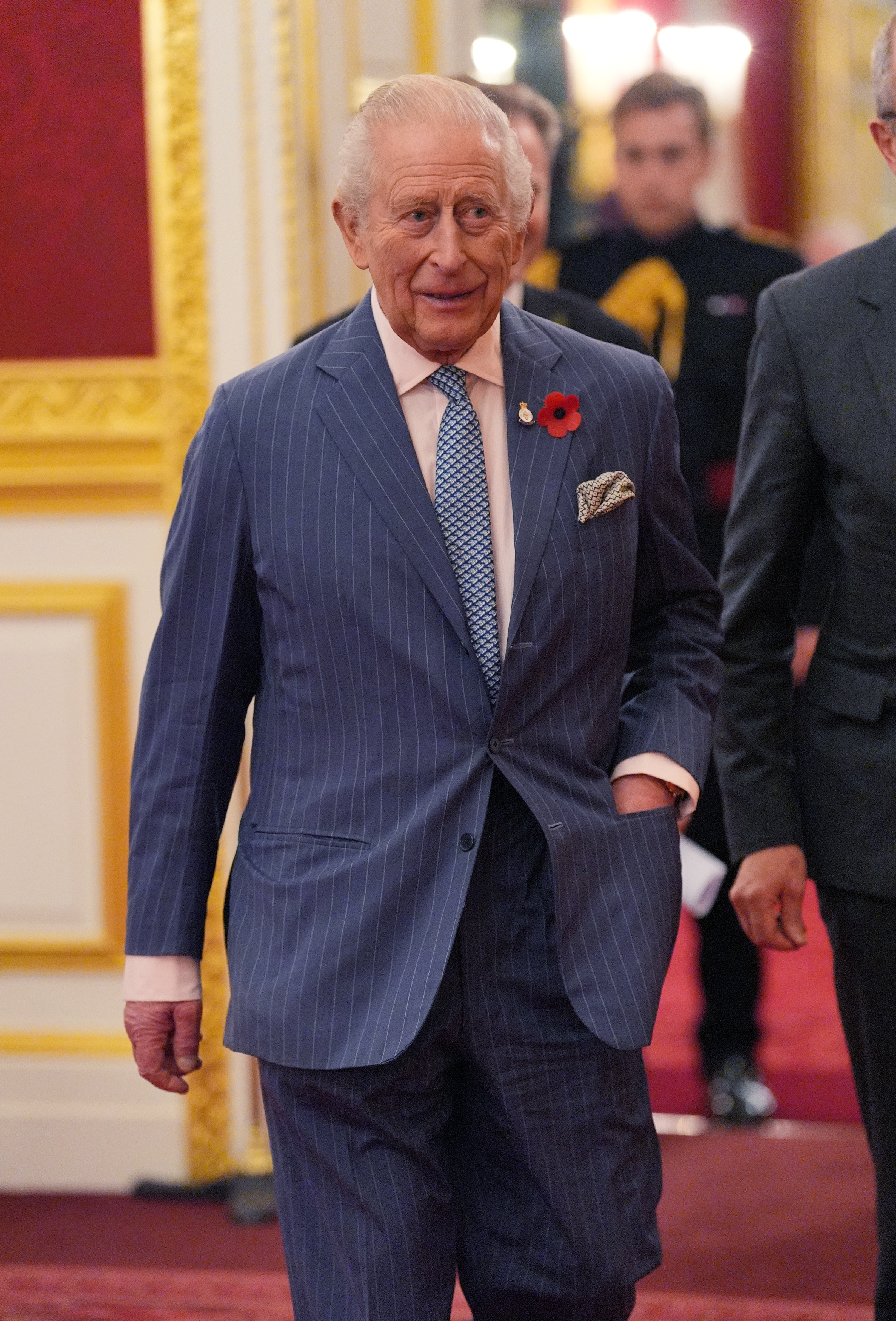 King Charles III in a pinstriped suit with a poppy pin at a reception for the Queen Elizabeth Prize for Engineering.