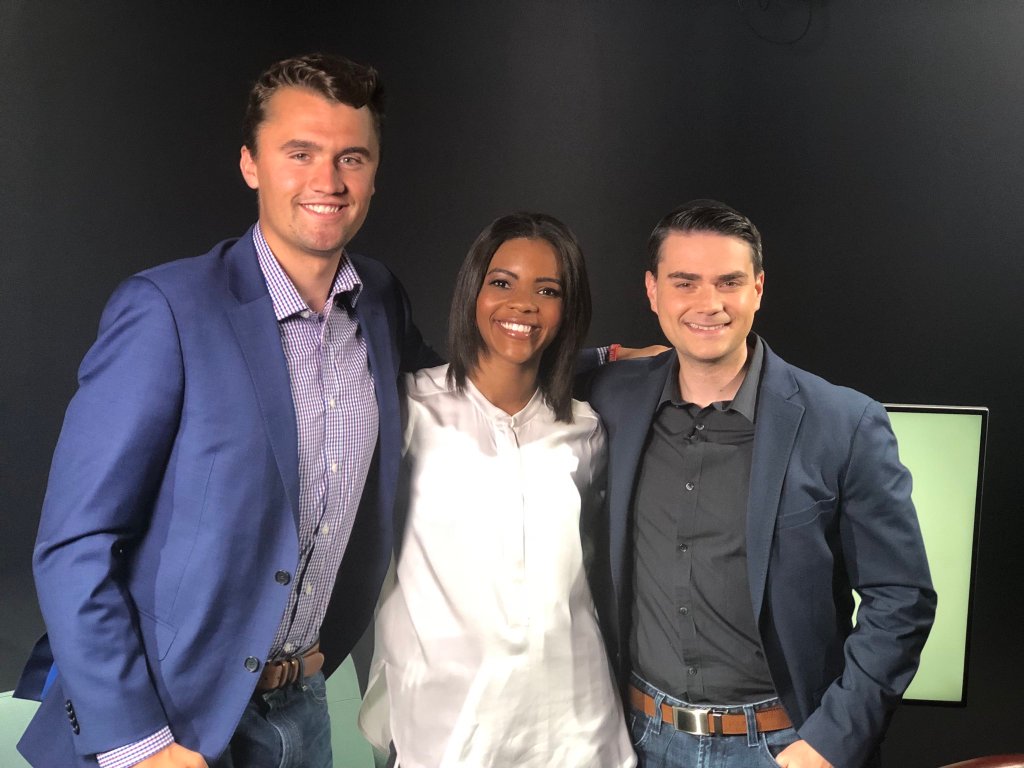 Charlie Kirk, Candace Owens, and Ben Shapiro smiling.