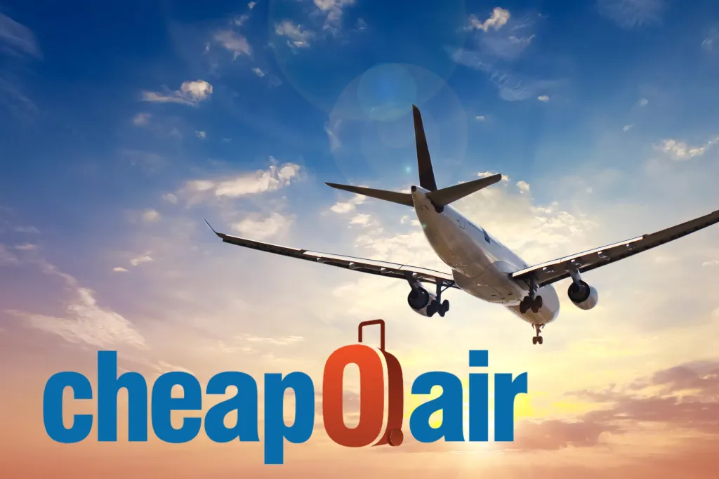 Logo for CheapOair, showing a plane in the sky with the word 