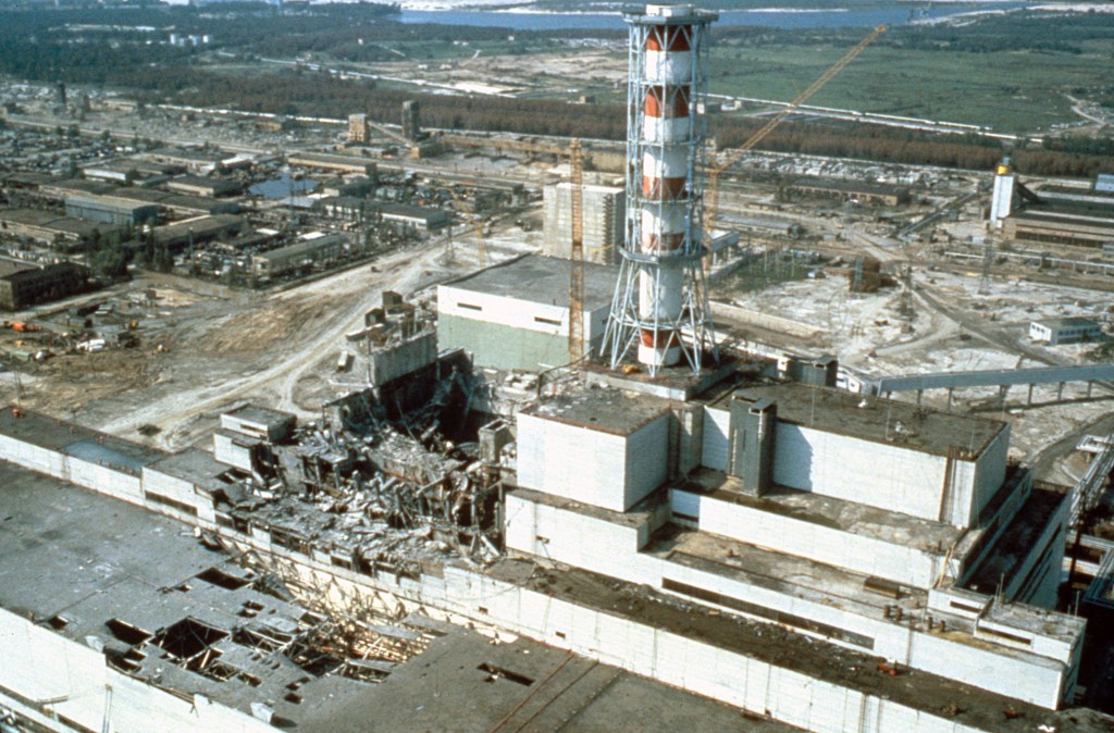 Aerial view of the damaged Chernobyl Nuclear Power Plant weeks after the 1986 disaster.