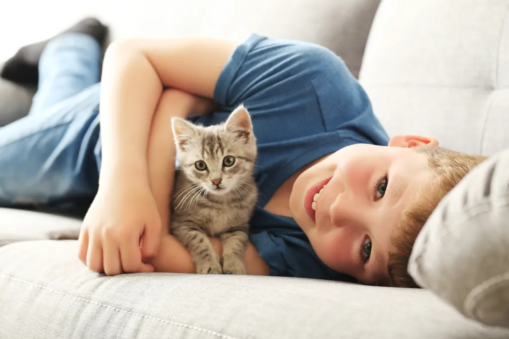 A child lies on a gray sofa, smiling at the camera, next to a kitten.
