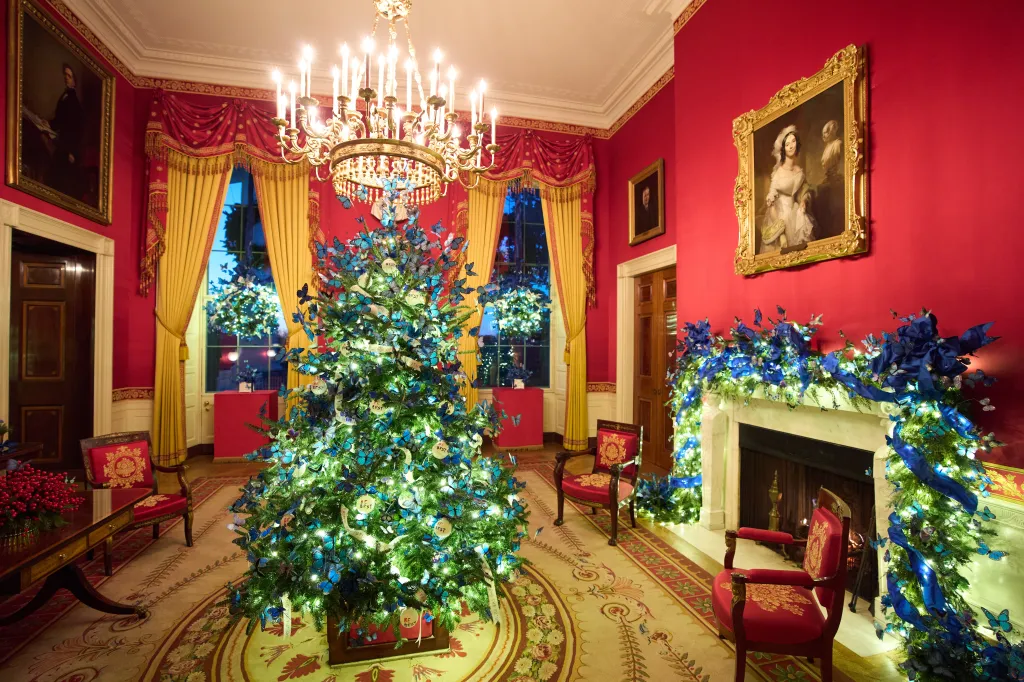 Christmas tree decorated in the Red Room of the White House.