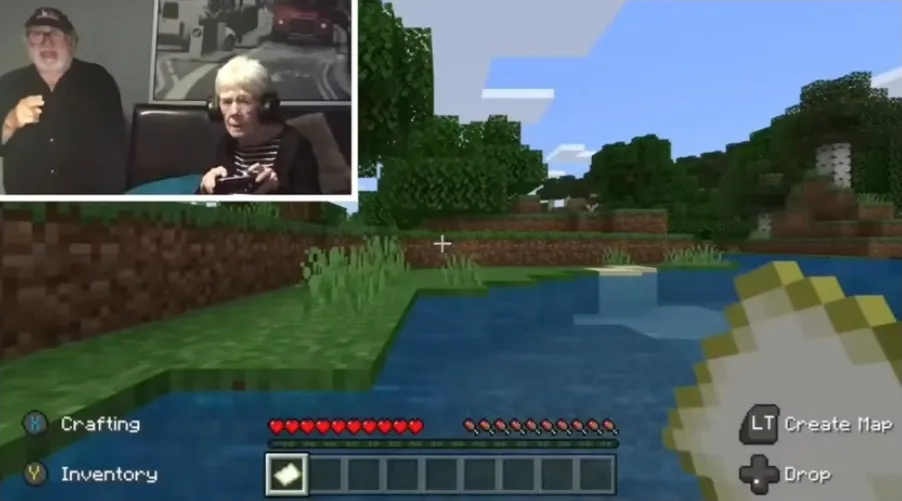 Collage of a man signing, a woman playing a video game, and a screenshot of the video game Minecraft.