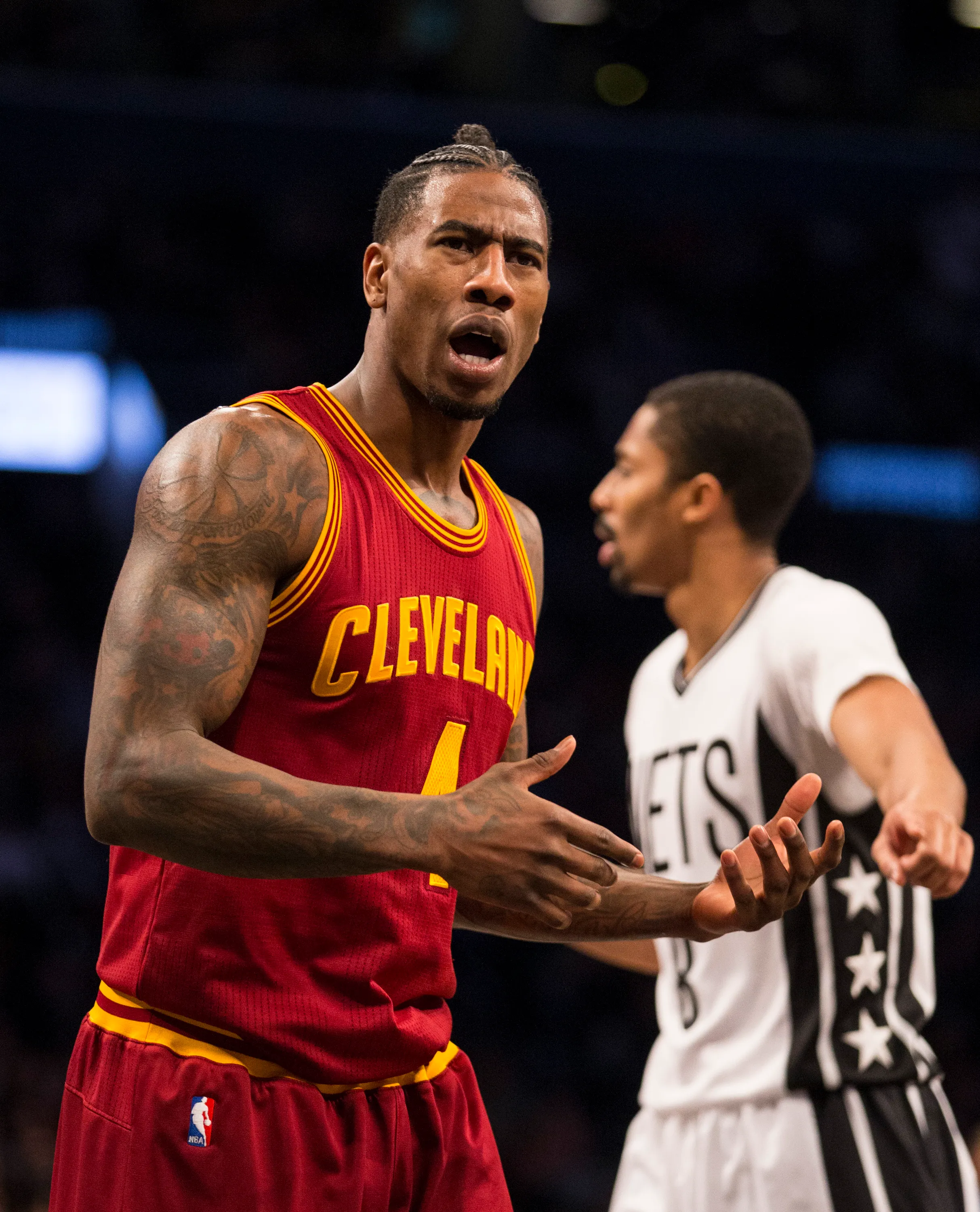 Cleveland Cavaliers guard Iman Shumpert reacts during the second half of a game against the Brooklyn Nets.