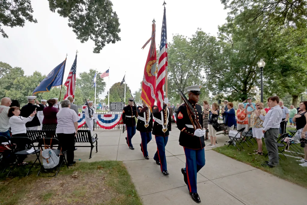 A Marine color guard retire the Colors at Medal of Honor Park in South Boston on Sept. 10, 2023.