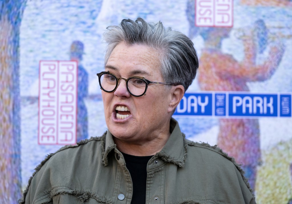 Comedian Rosie O'Donnell with her mouth open, speaking.