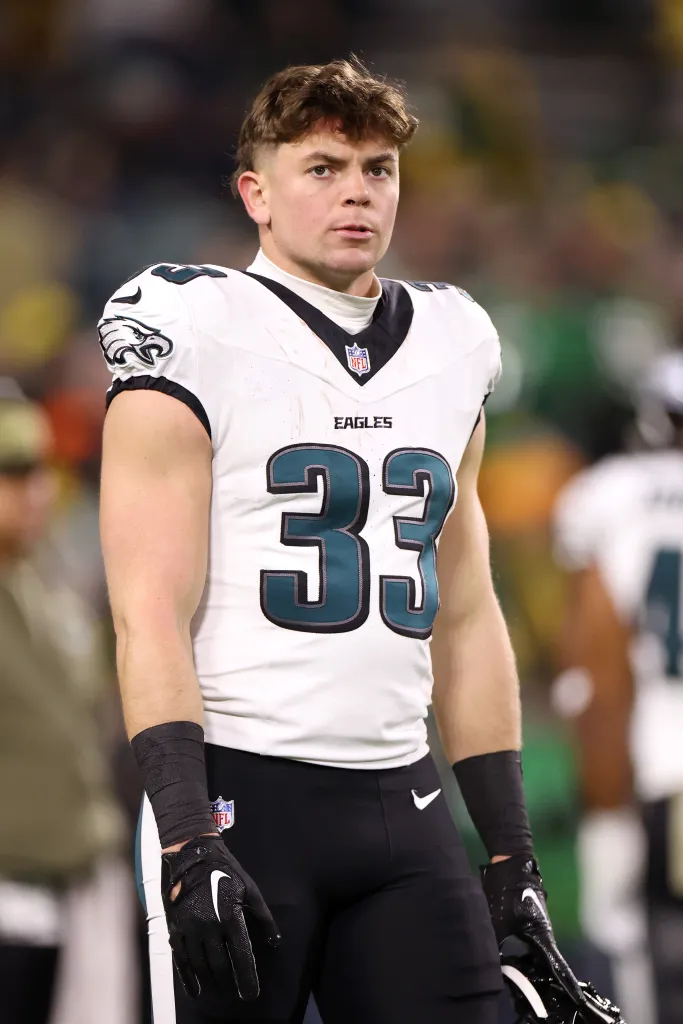 Cooper DeJean in his Eagles uniform before the game against the Green Bay Packers.