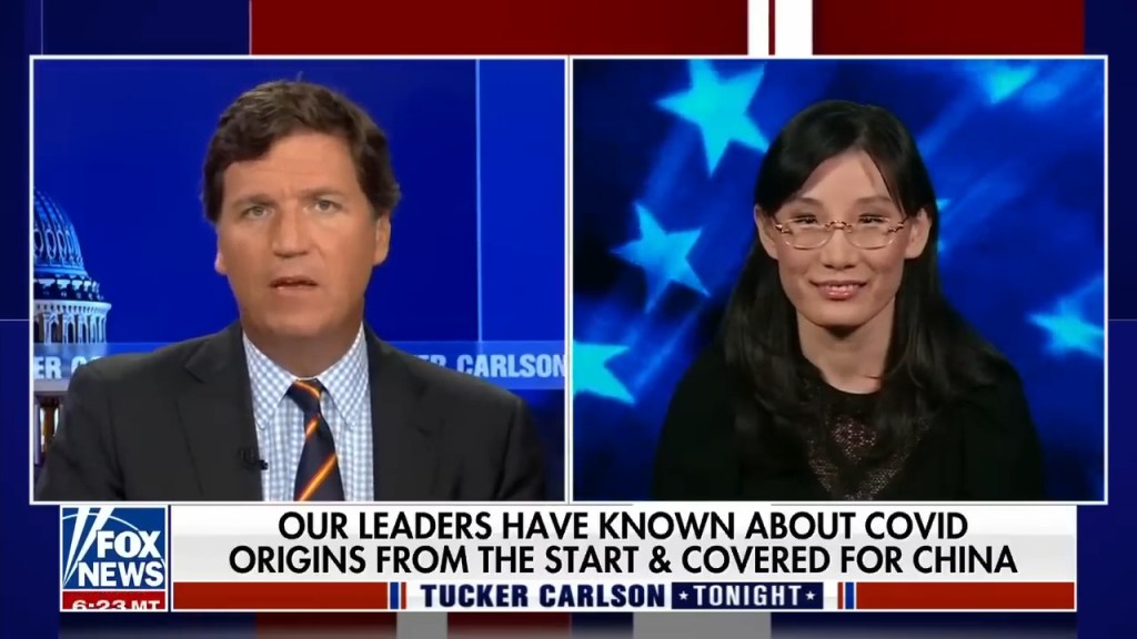 Split image of Tucker Carlson and Chinese virologist Dr. Li Meng Yan on