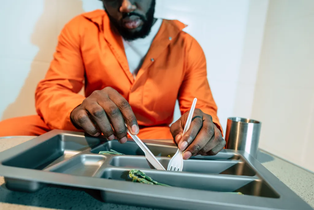 African American prisoner in an orange uniform eating from a tray with plastic utensils in a prison cell.