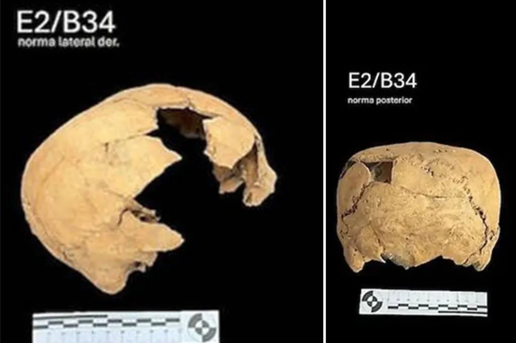 Collage of two views of a cube-shaped skull fragment.