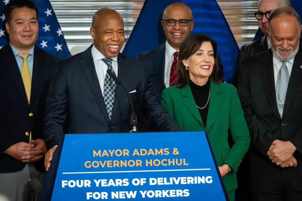 Mayor Eric Adams and New York Governor Kathy Hochul at a Tuesday event. 
