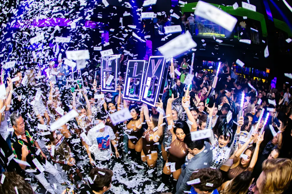Confetti falls over a packed LIV Nightclub.